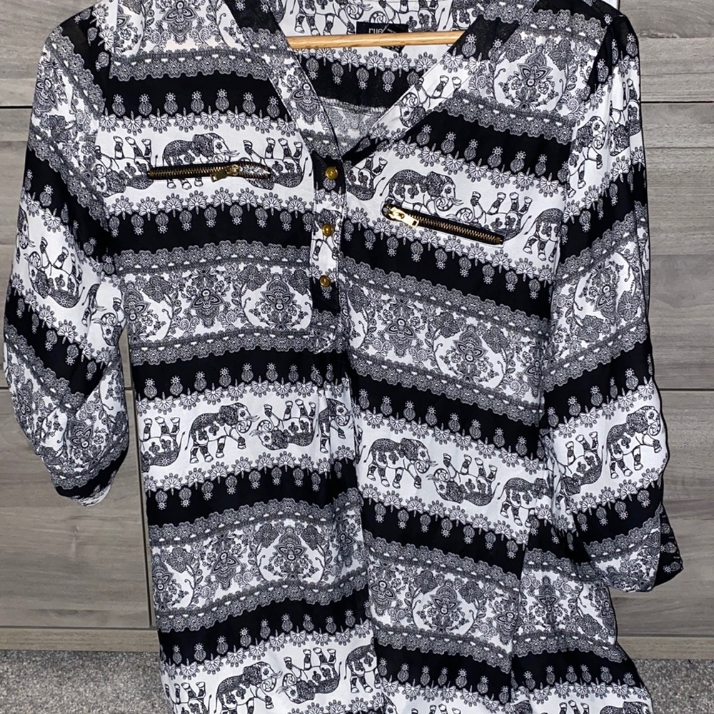 Elephant Print Black & White Blouse
